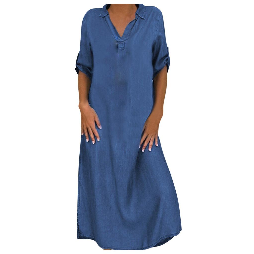 Women Casual Solid Denim Dress V-Neck Roll Sleeve Button Loose Long Dress