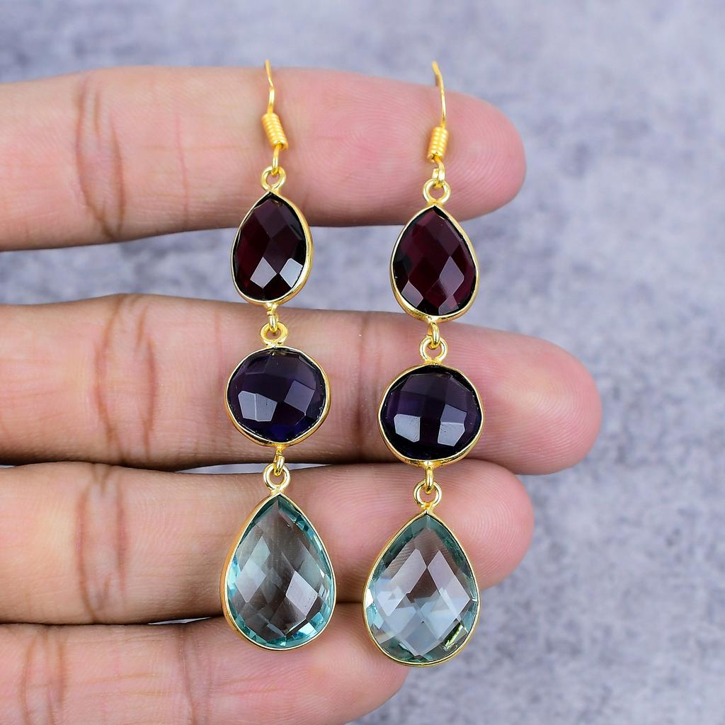 Blue Topaz, Amethyst Gemstone 925 Sterling Silver Jewelry Earring 2.99" M-2654