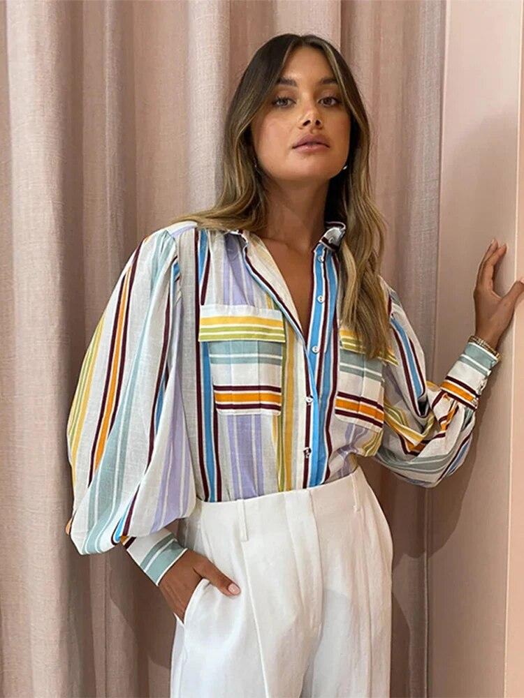 Полосатая рубашка с рукавами-фонариками, женская праздничная мода, однобортный топ, свободные рубашки, женская летняя пляжная футболка с карманами, новинка 2023 г.