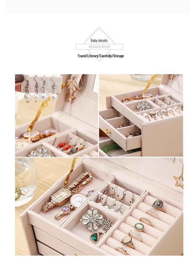 Трехслойная шкатулка для украшений из ПУ кожи с двойными выдвижными ящиками - Решение для хранения в стиле принцессы