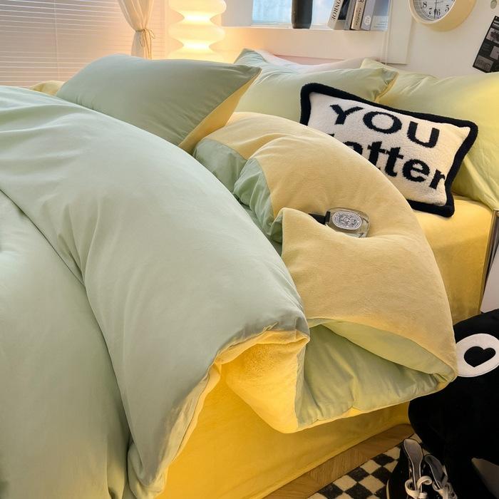 Комплект из четырех предметов из молочного флиса, простыни из стираного хлопка, утолщенный флис, простой полосатый комплект из трех предметов для общежития