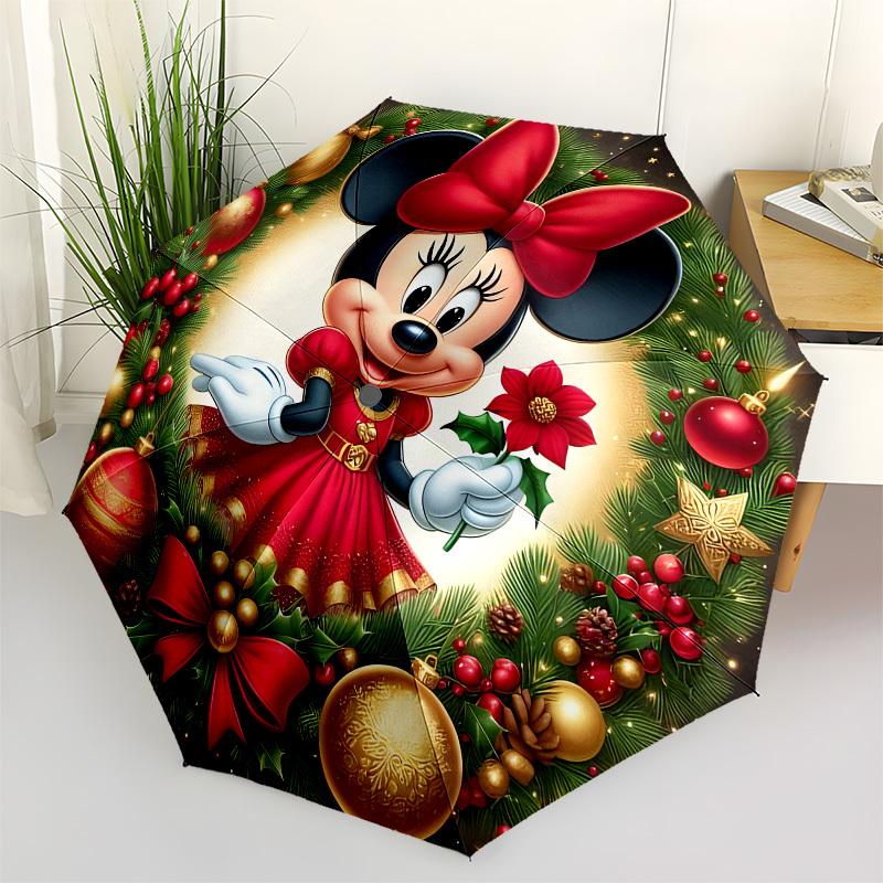 Minnie Mouse Christmas wreath Themed Automatic Opening and Closing Umbrella, Brightly Colored 8-rib Portable Umbrella, Suitable for Men and