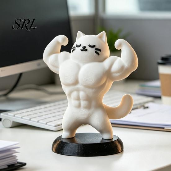 Small Animal Sculpture 3D Printed Muscle Cat Figurine, Funny Strong Desk Ornament for Desktop Decoration Home Office, Creative with Base, Unique Gift