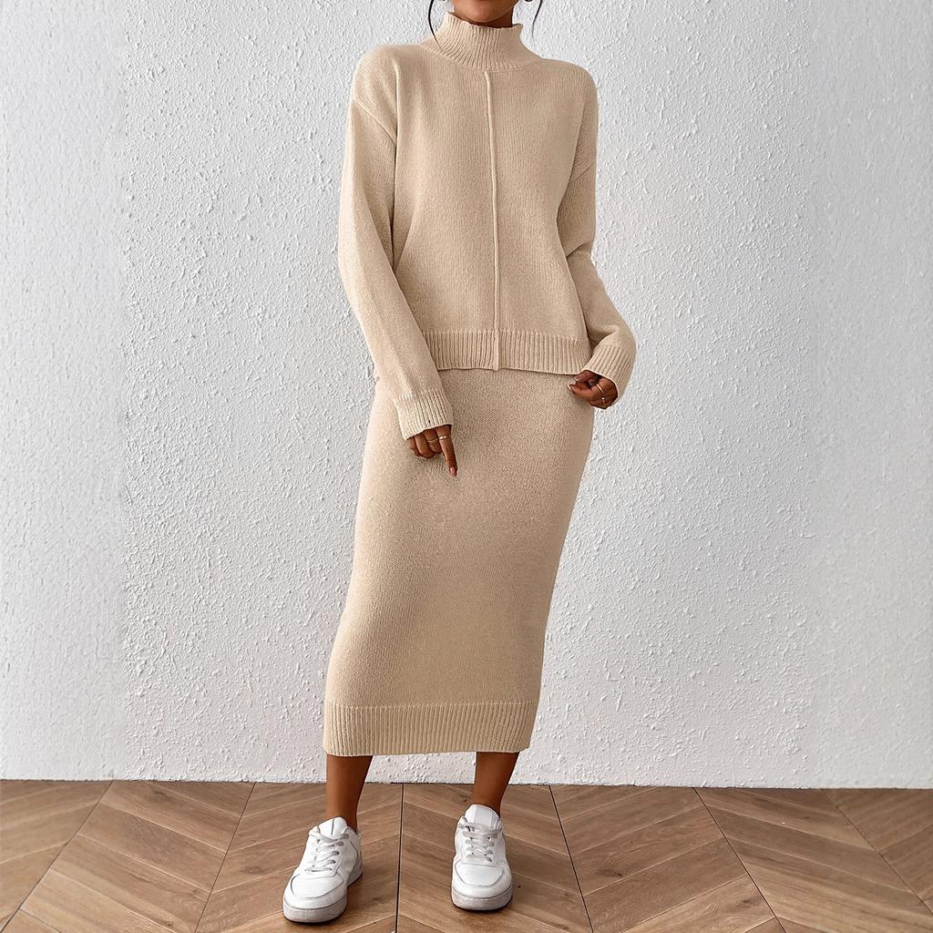 Женский однотонный элегантный и стильный однотонный комплект, пуловер с полувысоким воротником, юбка по бедрам, полуюбка, комплект из двух предметов