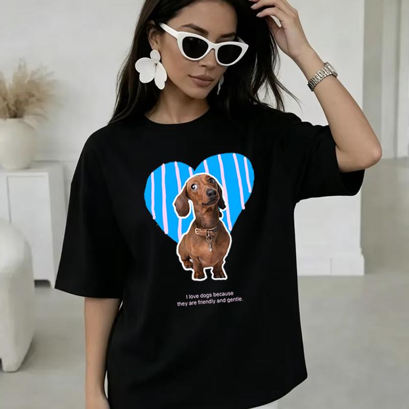Dachshund Dog With Heart Unisexs Tshirt Harajuku Street Tops Girls Summer Oneck Tops Cute Dog Lover 100 Cotton Tshirt