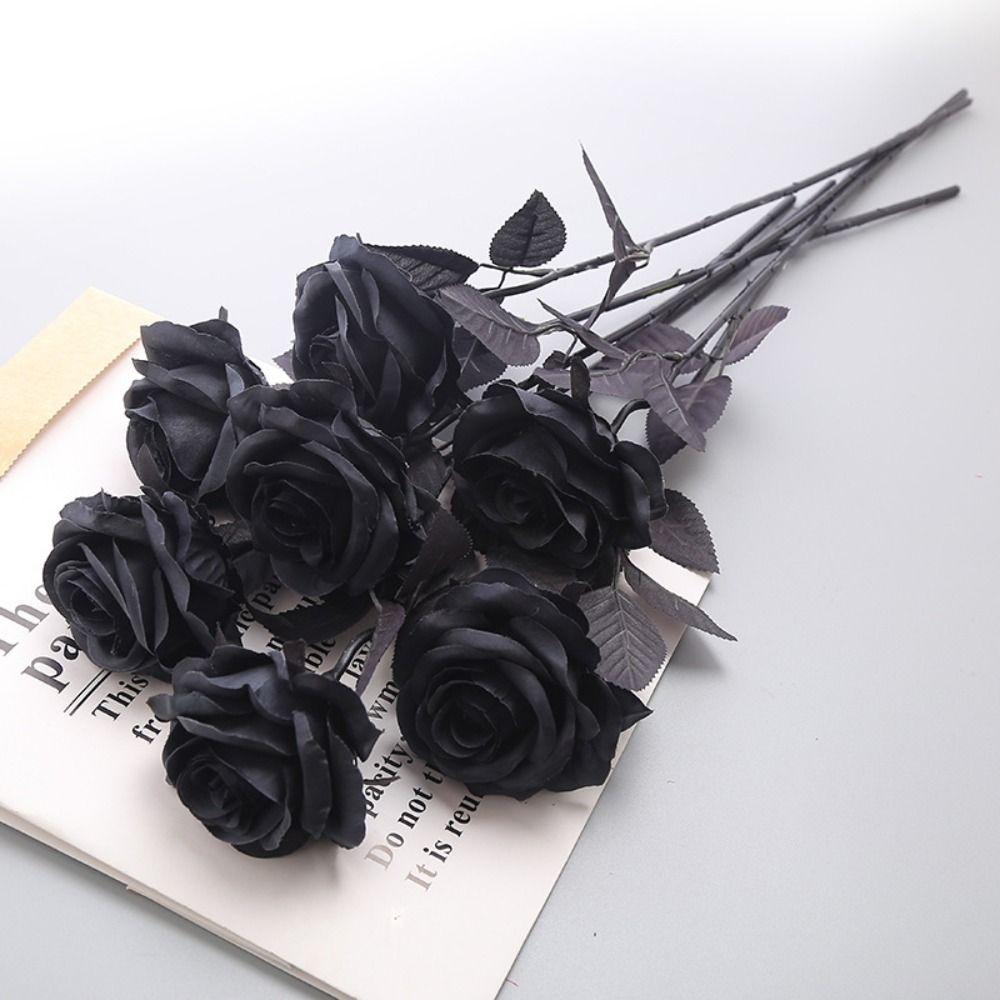 5pcs 50cm Simulation Rose Black Fake Silk Flowers Gift Halloween Black Flower Home