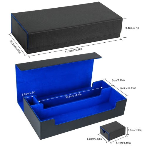 Large Capacity Deck Case, Playmat Case, Trading Card Case, Magnetic Loader, Storage Box for 600 Cards, PU Leather (Black & Blue)