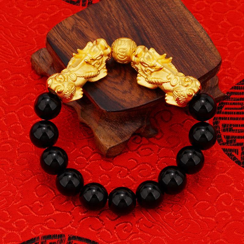 Luxury 24k Gold Pixiu Imitation Agate Bracelet for Men, Obsidian Bracelet, Sand Gold