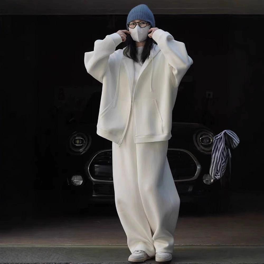 Осенне-зимний повседневный спортивный костюм женский хлопковый худи-жакет модные брюки широкого покроя двухпредметный спортивный костюм