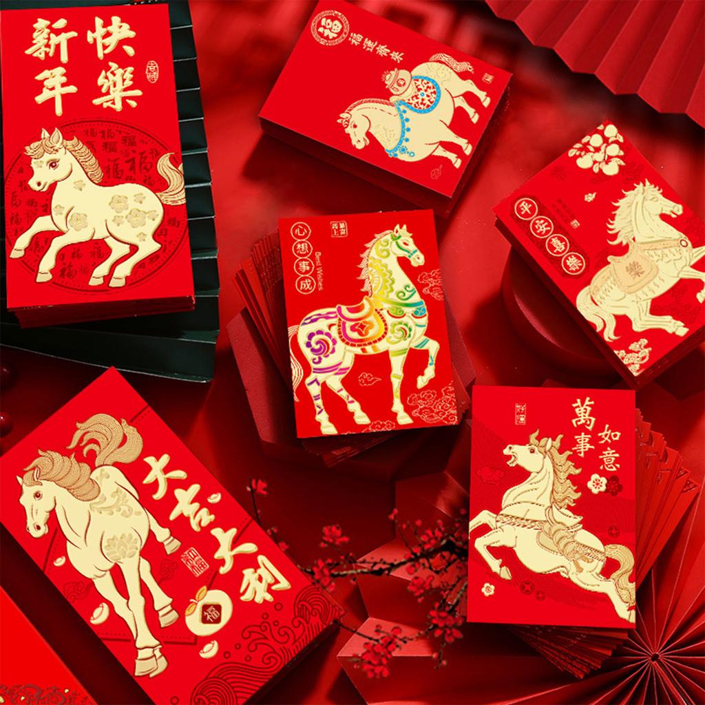 Pack of 6 Cartoon Horse Designs Red Envelopes Chinese Zodiac 2026 Year of Horse Paper Money Holder Envelopes