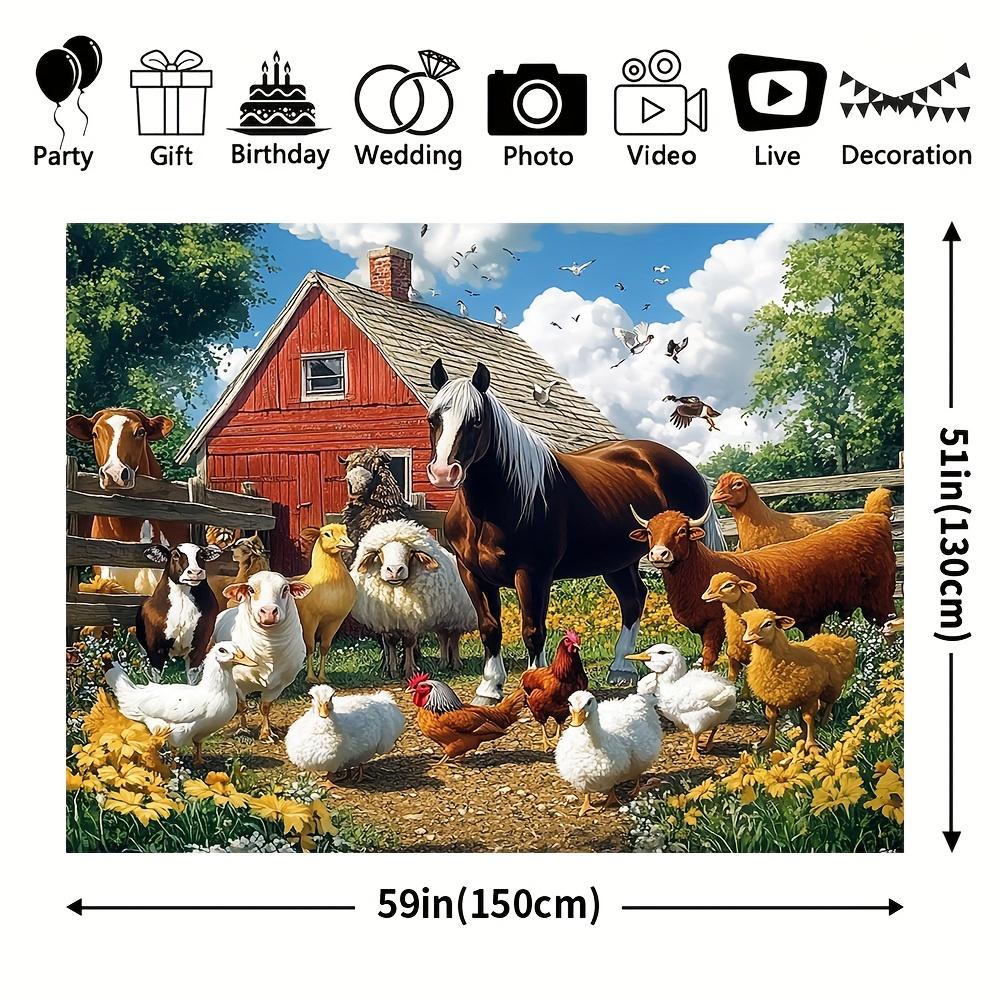 Farm animal party background with vibrant cow, sheep, horse, chicken, goose, pig and dog scene with red barn and windmill