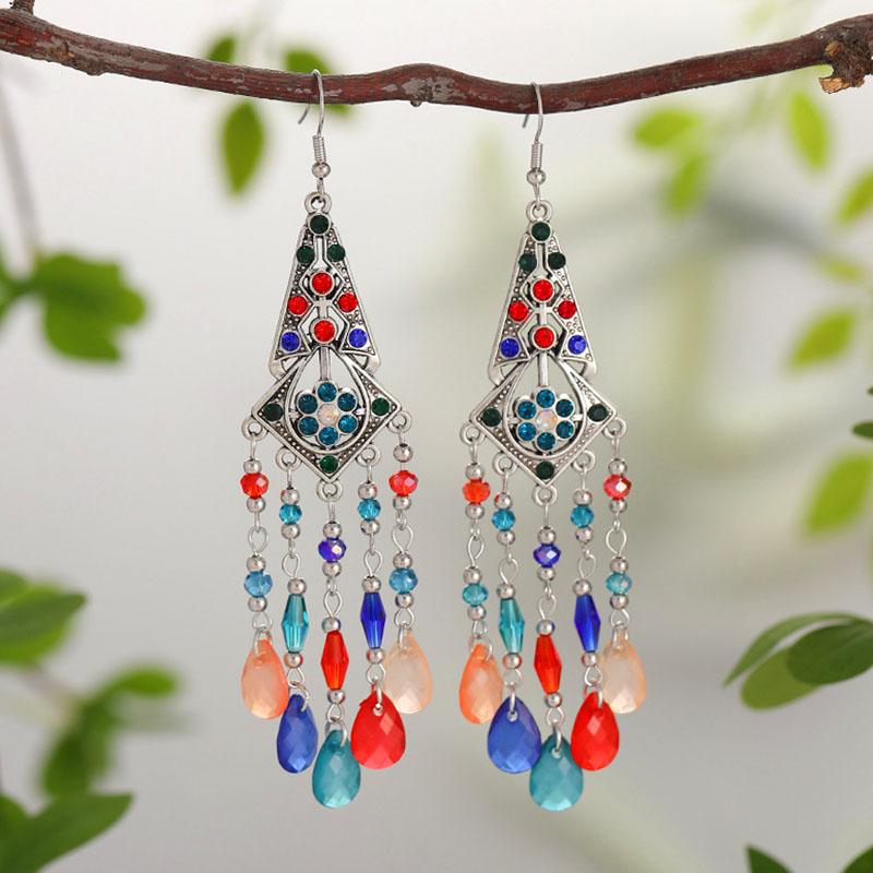 New Bohemian Rhinestone Water Drop Earrings for Women Ethnic Long Crystal Tassel Earring Party Vacation Jewelry