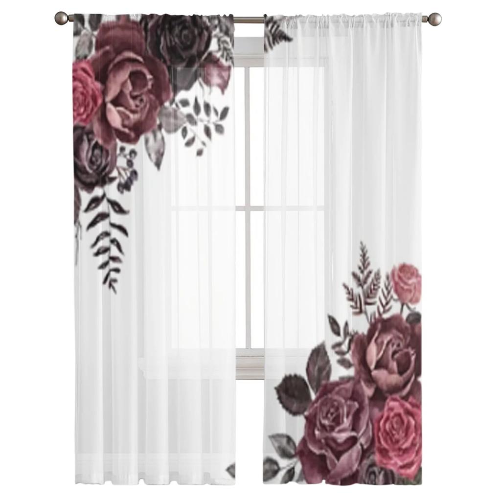 Темно-красные и бордовые розы, прозрачные шторы для гостиной, окна, прозрачная вуаль, тюлевая занавеска, шторы для спальни, домашний декор