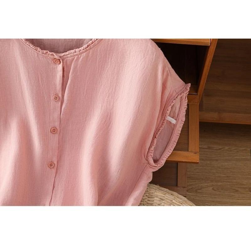 Women Solid Color Ruffle Linen Cotton Shirt Casual Cap Sleeve Breathable Summer Blouse