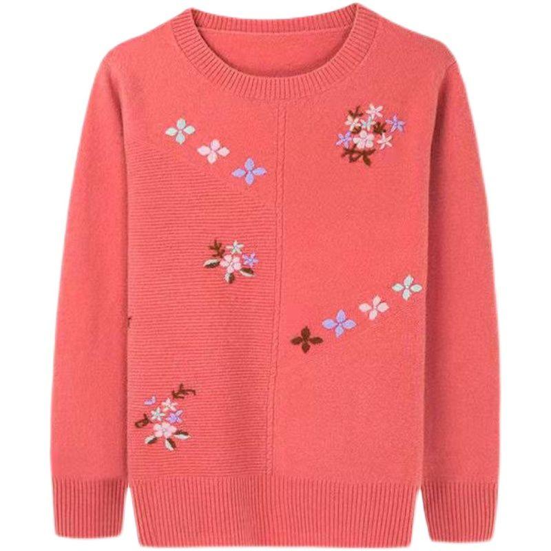 Весна Осень Женский свитер с круглым вырезом Вышитый свободный трикотажный свитер больших размеров Трикотажный топ с эластичным вязанным узором