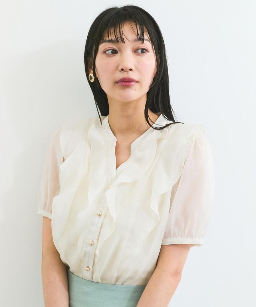 Блузка Прозрачная с оборками Короткий рукав Блузка для Натурального [BIS] [Стирка] Женщины, (16)