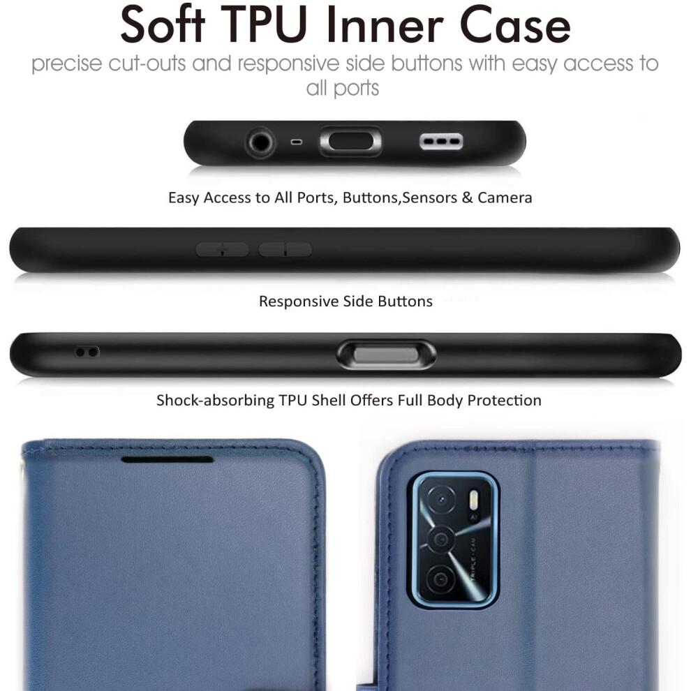 TECHGEAR Leather Wallet Case for Oppo A16s - Blue PU Leather, Magnetic Closure, 3 Card Slots + Cash Pocket, Stand & Wrist Strap (HJ8U)