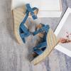 2025 Summer New Casual Women's Sandals Denim Imitation Hemp Rope Wedge Heel Large Size Sandals Women