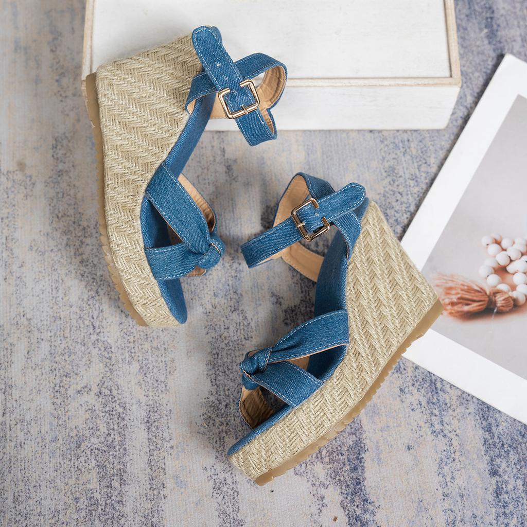 2025 Summer New Casual Women's Sandals Denim Imitation Hemp Rope Wedge Heel Large Size Sandals Women
