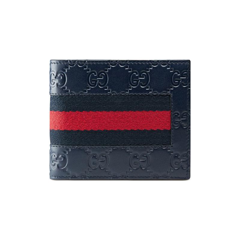 Gucci Пресбиопия Логотип Тисненый Логотип Полосатый Дизайн Кошелек-книжка с Отделением для Монет Кожаный Кошелек Мужской Темно-синий