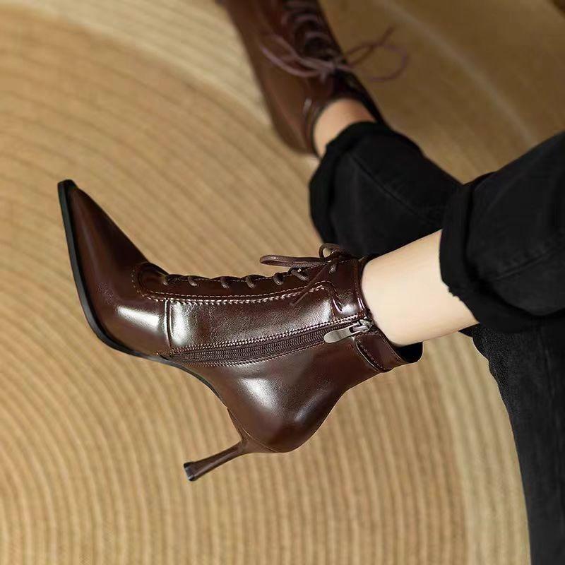 Новые модные однотонные зимние женские сапоги, ботильоны, остроносые сапоги на шпильках, высокие каблуки, женская обувь на шпильках