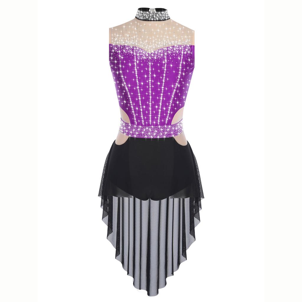 Women Lyrical Dance Dress Mock Neck Sleeveless Backless Shiny Rhinestones Color Block Mesh Skirted Leotard