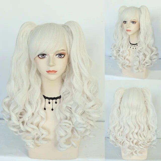 Парик для косплея Синтетический длинный цветной вьющийся парик для косплея Лолиты для девочек с двойными хвостиками и 1 шапочкой для парика