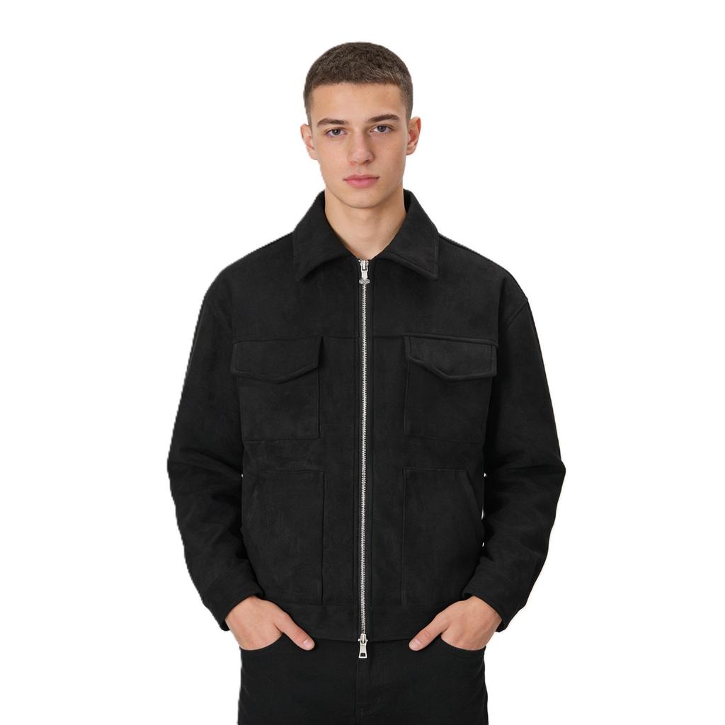 Men's Trendy Suede Velvet Zipper Jacket with Large Pockets - Casual Lapel Design for Spring and Autumn