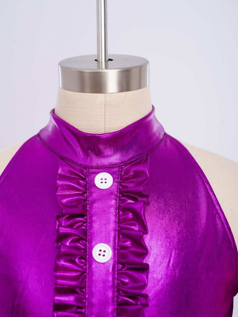 Блестящий металлический и сетчатый танцевальный комбинезон для девочек: Топ без рукавов с воротником-стойкой и оборками на лифе и струящиеся широкие брюки для сцены