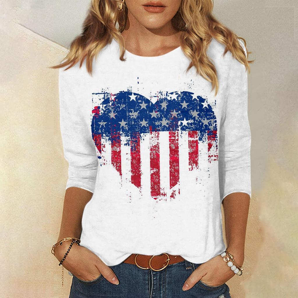 Women's Fashion Casual Three Quarter Sleeve Independence Day Print Round Neck Pullover Top Blouse