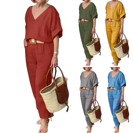 2 шт./компл., блузка, комплект брюк, топ с v-образным вырезом и длинными рукавами, широкие брюки, свободные брюки с эластичной резинкой на талии, повседневная домашняя одежда для поездок на работу, наряд