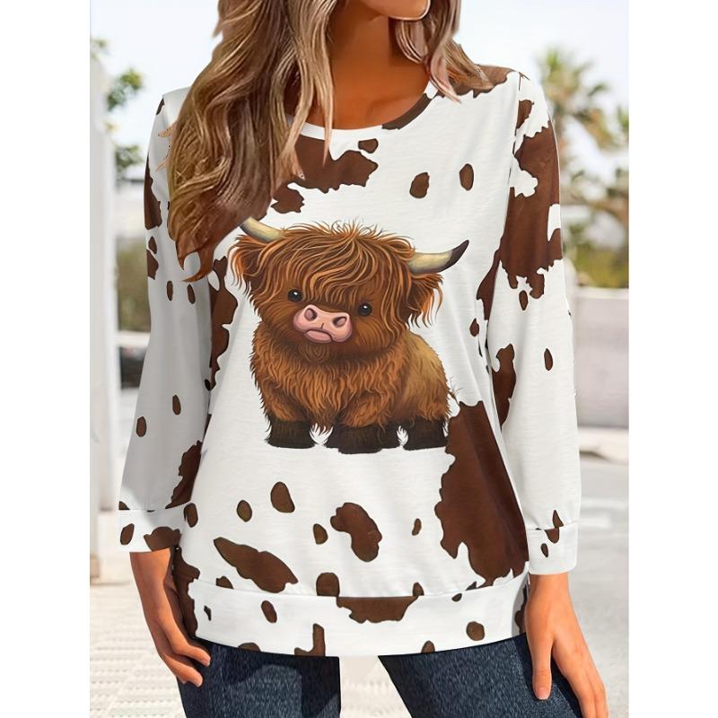 Women's highland cow print pullover, casual crew neck, long sleeves, cute animal print design