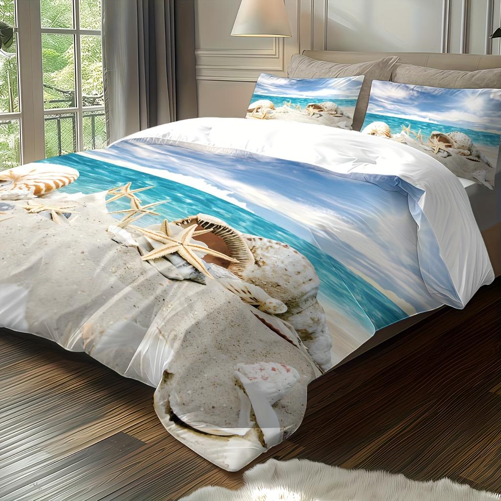 3pcs (1 Quilt Cover + 2 Pillowcases, Core Not Included) Bedding Set with 3D Beach Starfish And Conch Digital Print