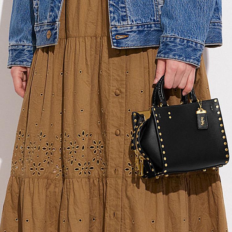 Coach Rogue 17 Fashion Shiny Polished Edge Studded Zipper Closure Leather Handbag Women handbags Black CC379-B4BK