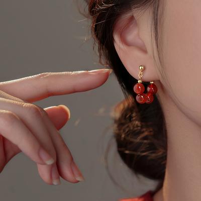 Серьги из агата нанхонг, ретро, позолоченные, китайские серьги с бусинами, праздничные новогодние, свадебные, красные серьги с круглыми бусинами, женские