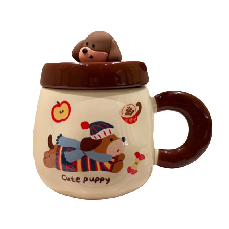 Cartoon Dachshund Puppy Ceramic Mug with Lid Spoon Cute Breakfast Cup Home Milk Oatmeal Cup Souvenir
