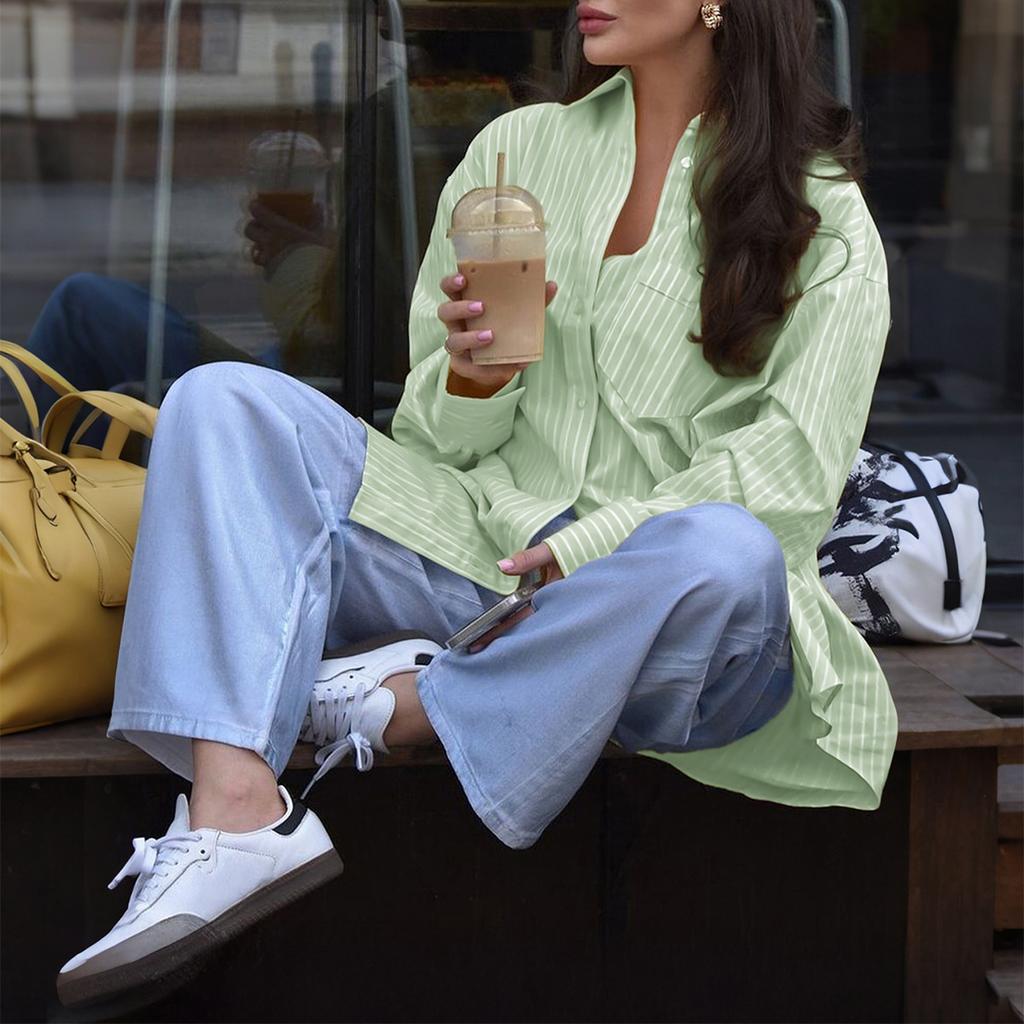 Повседневная Летняя Полосатая Футболка-Жилет с Длинным Рукавом для Отпуска Женская Осенне-Зимняя Модная Верхняя Одежда с Лацканами и Карманом