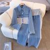 Spring and Autumn Suit Female Temperament Fashion Thin Denim Stitching Contrast Color Casual Straight-leg Pants Two-piece Suit