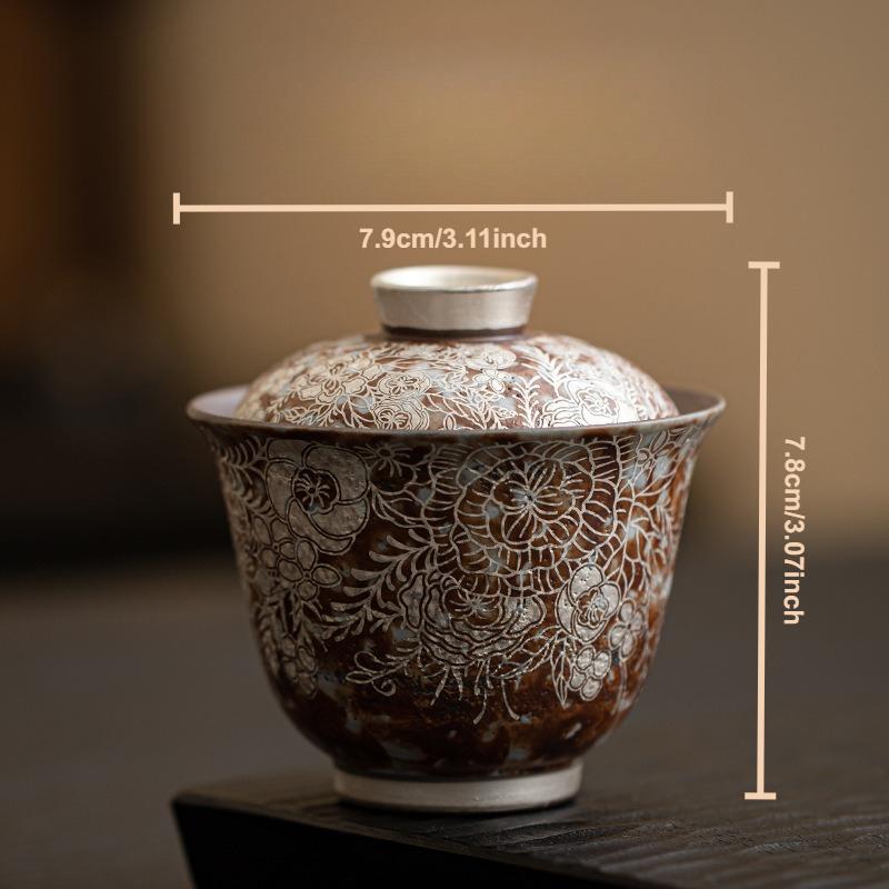 Старые Скальные Глиняные Пиалы Цветочный Позолоченный Серебром Гайвань Китайская Чайная Посуда Кунг-фу Каменная Ретро Чайница Японская Керамическая Посуда для Напитков