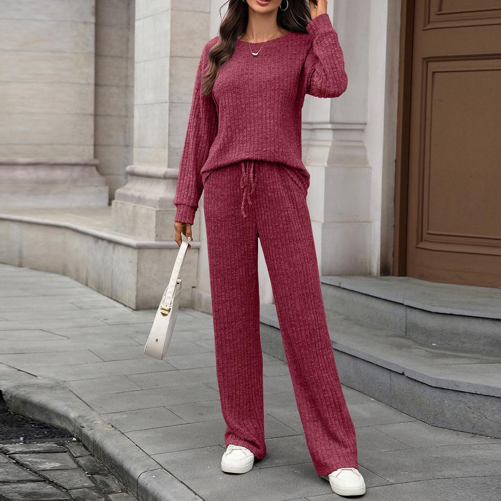 Женский модный и удобный трикотажный комплект для отдыха с круглым вырезом, длинными рукавами и брюками с начесом