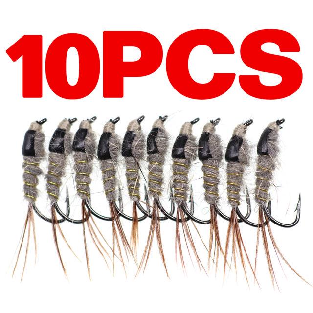 10pcs Size 12 Grey Black Hare's Ear Nymph Fly Trout Fishing Classic Fly Bait