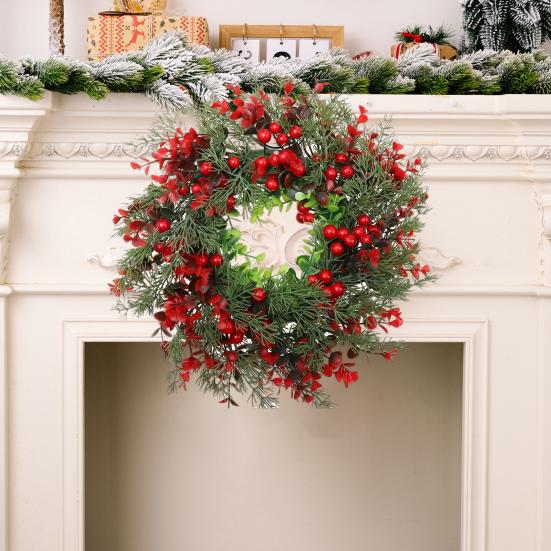 Рождественский венок из искусственных ягод, сосны, рождественская гирлянда для дома и улицы, украшение для входной двери, камина, спальни, балкона, столовой, вечеринки