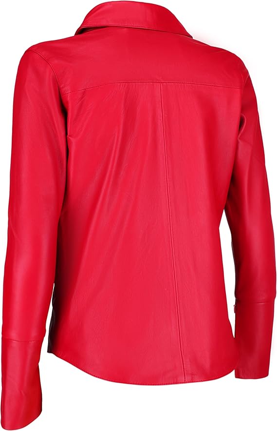 Handmade Lambskin Genuine Soft Stylish Casual Formal Women's Shirt Red Leather