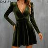DAFIFY Women's Fashion Spring Fall Solid Color Print Long Sleeve V-Neck High Waist Casual Dresses