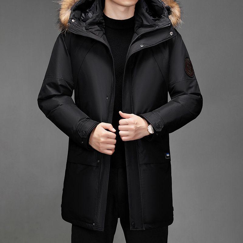 Winter Men's Fur Collar Mid Length Down Jacket Casual Thick Hooded Fashionable and Warm Long Jacket