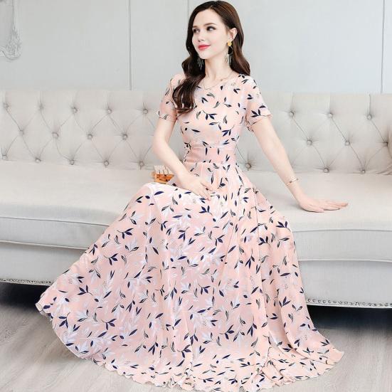 Женское летнее шифоновое струящееся макси-платье, повседневное платье А-силуэта с коротким рукавом и круглым вырезом, длинное платье с цветочным принтом, пляжный сарафан в стиле бохо
