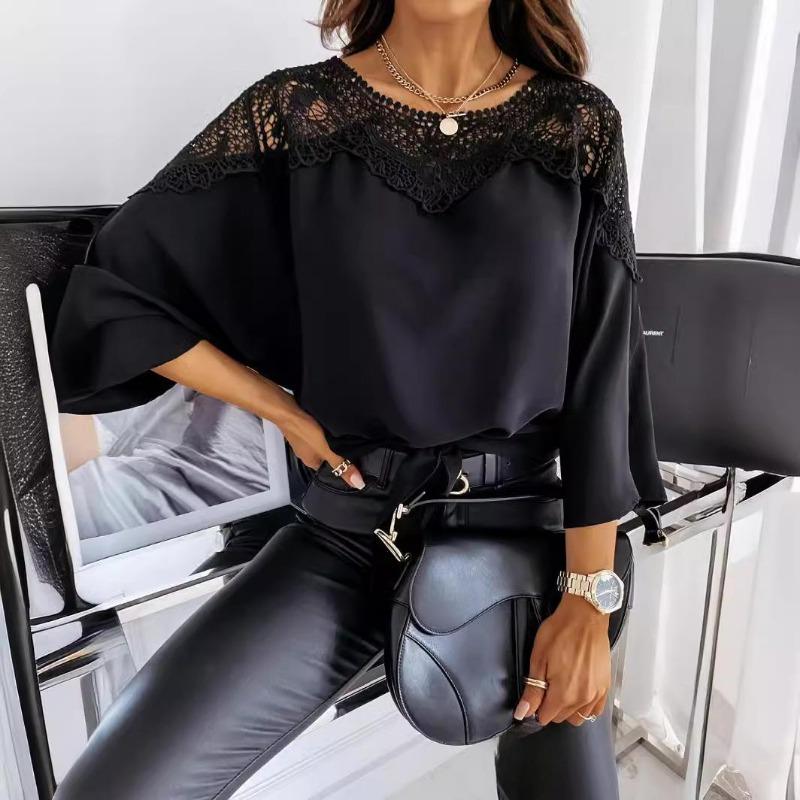 Весенне-осенняя женская кружевная блузка с длинным рукавом, однотонные топы с круглым вырезом для поездок на работу