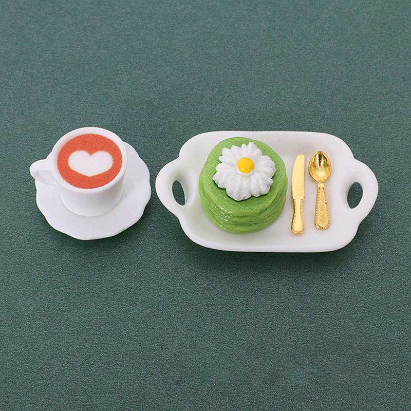1 Set 1:12 Dollhouse Miniature Coffee Cup Cake Dessert Fork Spoon With Dinner Plate Kitchen Model Micro Landscape Decoration Toy
