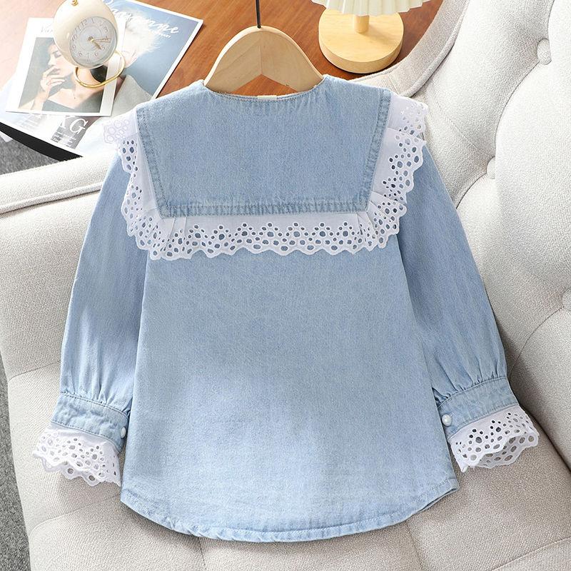 Джинсовые блузки для девочек, весна-осень, новые синие топы с кружевным воротником, кардиган для девочек, футболка