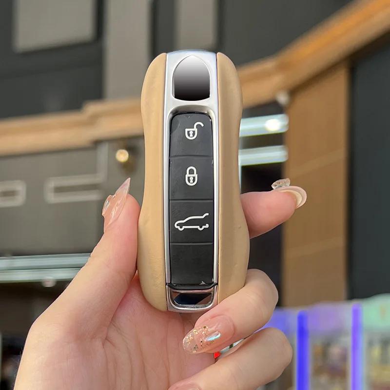 AABKV1 Luxury Genuine Leather for Porsche Boxster Cayman Panamera Cayenne Macan 718/911 Taycan Car Key Case Cover Protective Keychain